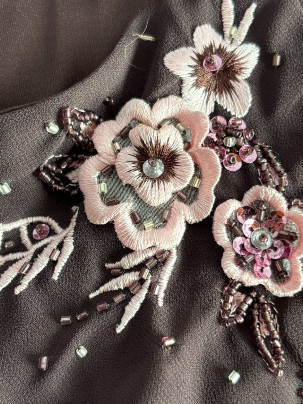 Brown Floral Embroidered 1920s-Inspired Handkerchief Hem Dress - Picture 13 of 16